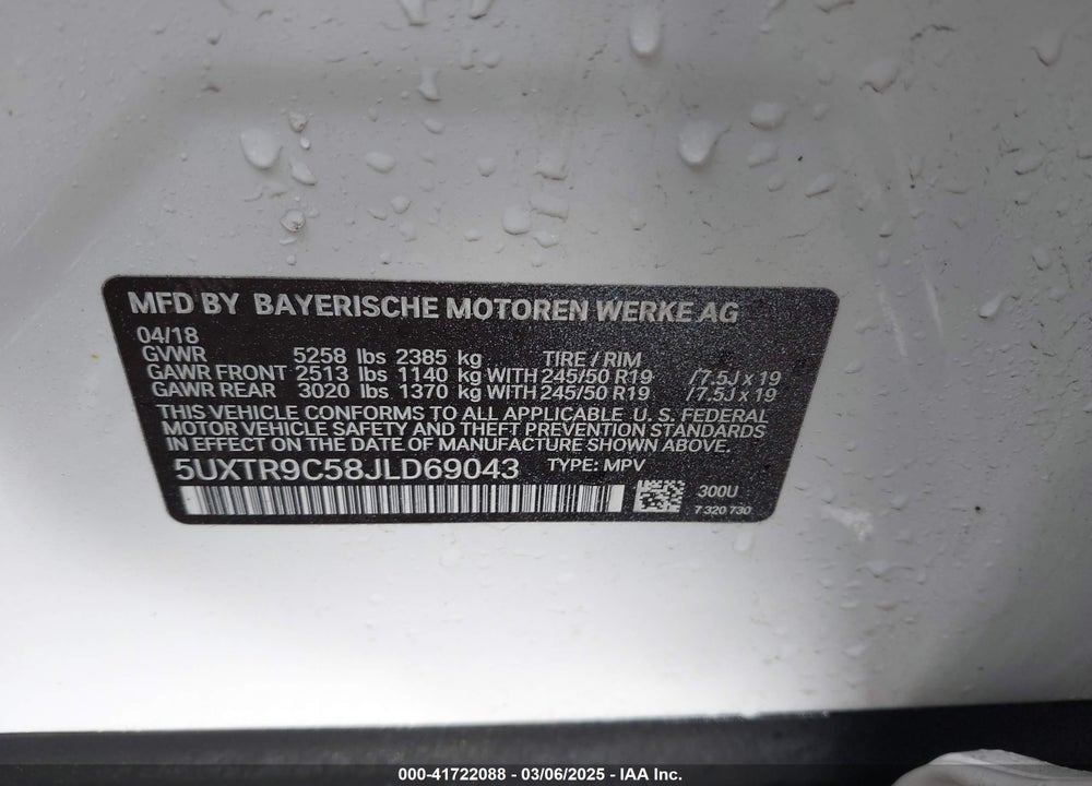 2018 BMW X3 VIN: 5UXTR9C58JLD69043