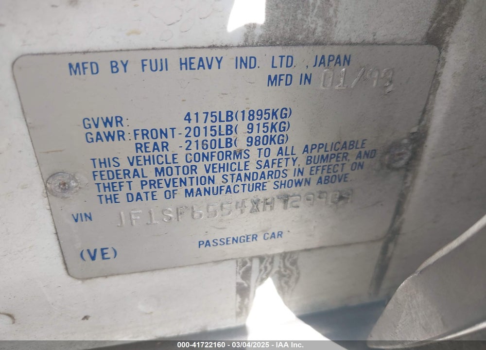 1999 SUBARU FORESTER VIN: JF1SF6554XH729909