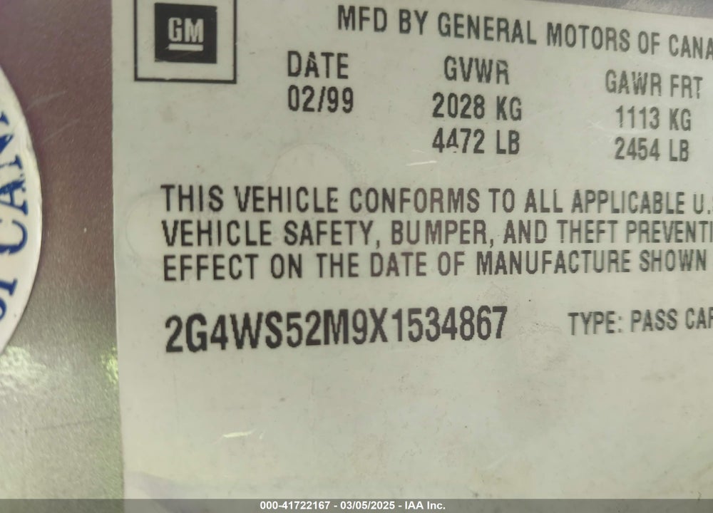 1999 BUICK CENTURY CUSTOM VIN: 2G4WS52M9X1534867