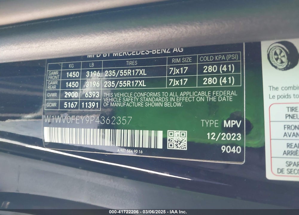 2023 MERCEDES-BENZ METRIS VIN: W1WV0FEY9P4362357