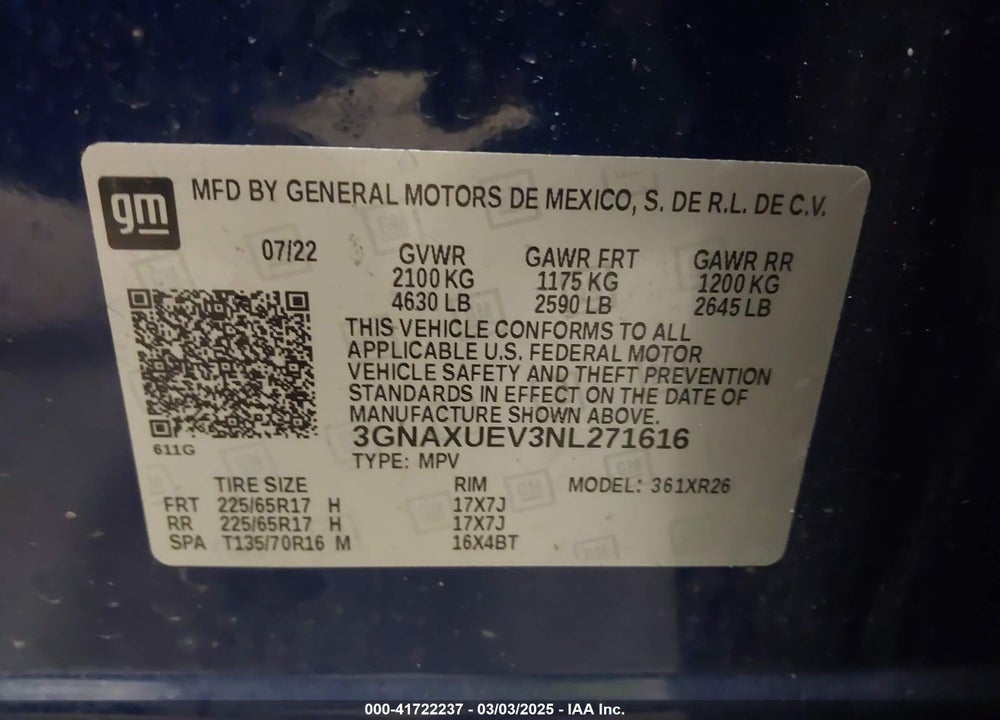 2022 CHEVROLET EQUINOX AWD LT VIN: 3GNAXUEV3NL271616