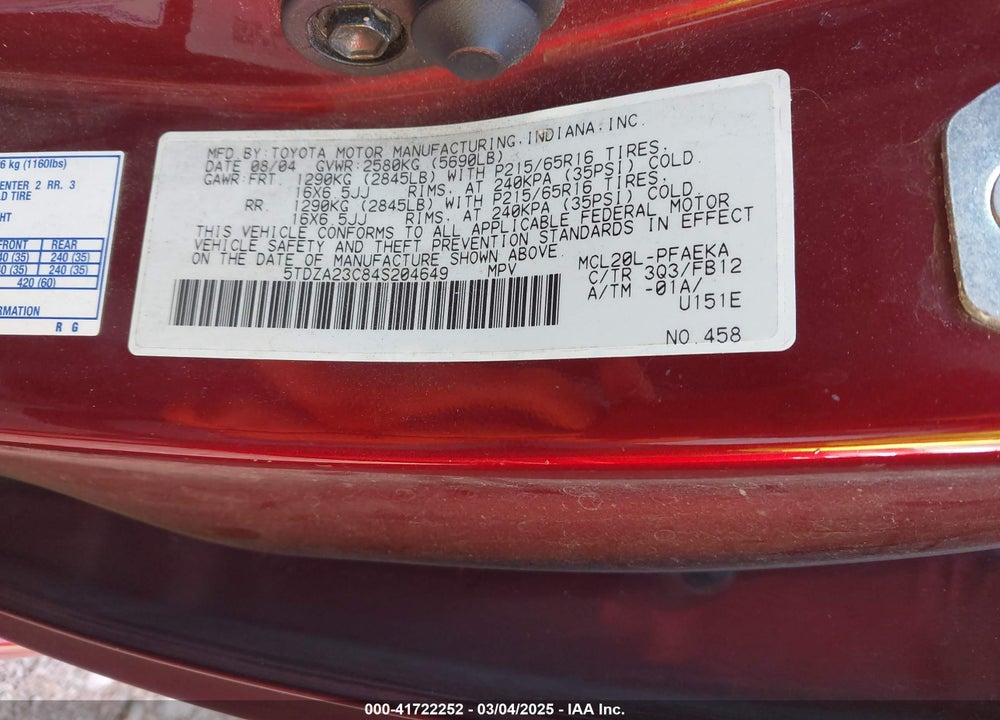 2004 TOYOTA SIENNA LE VIN: 5TDZA23C84S204649
