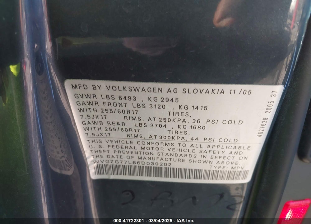 2006 VOLKSWAGEN TOUAREG VIN: WVGZG77L66D039202
