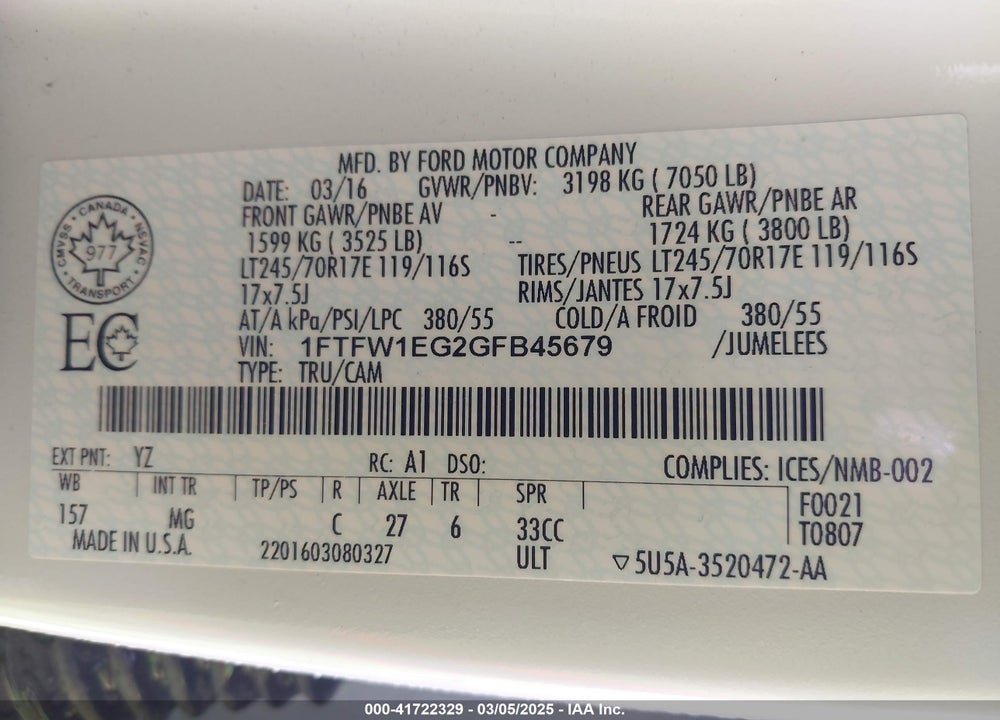 2016 FORD F-150 XLT VIN: 1FTFW1EG2GFB45679