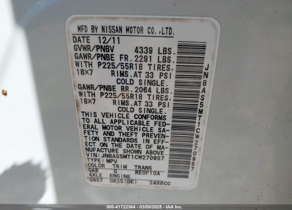 2012 NISSAN ROGUE SV W/SL PKG VIN: JN8AS5MT1CW270957