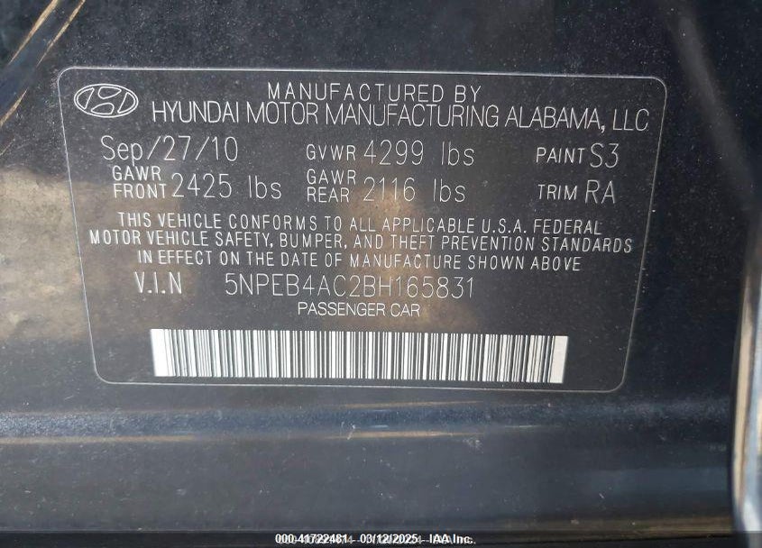 2011 HYUNDAI SONATA VIN: 5NPEB4AC2BH165831