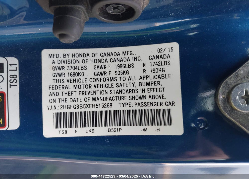 2015 HONDA CIVIC VIN: 2HGFG3B5XFH515268