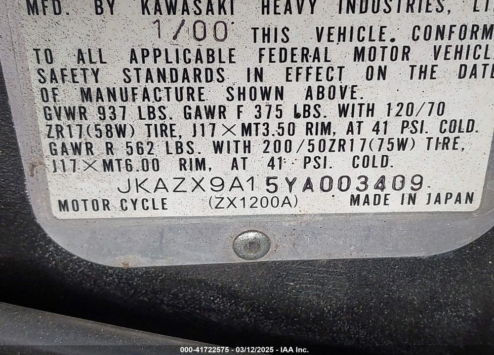 2000 KAWASAKI ZX1200 A1 VIN: JKAZX9A15YA003409