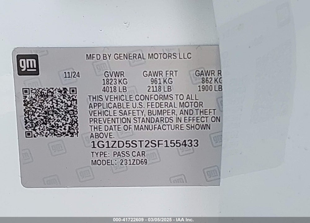 2025 CHEVROLET MALIBU VIN: 1G1ZD5ST2SF155433