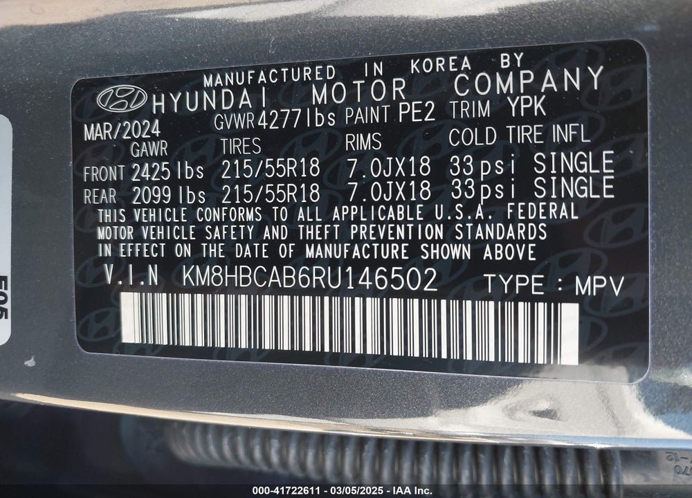 2024 HYUNDAI KONA VIN: KM8HBCAB6RU146502