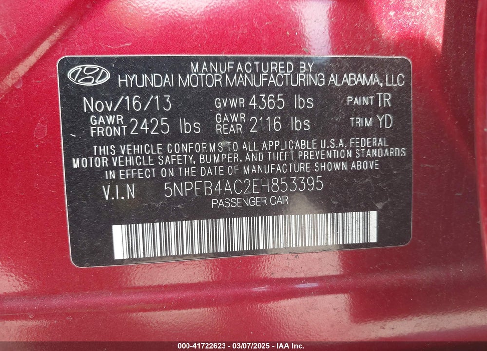 2014 HYUNDAI SONATA VIN: 5NPEB4AC2EH853395