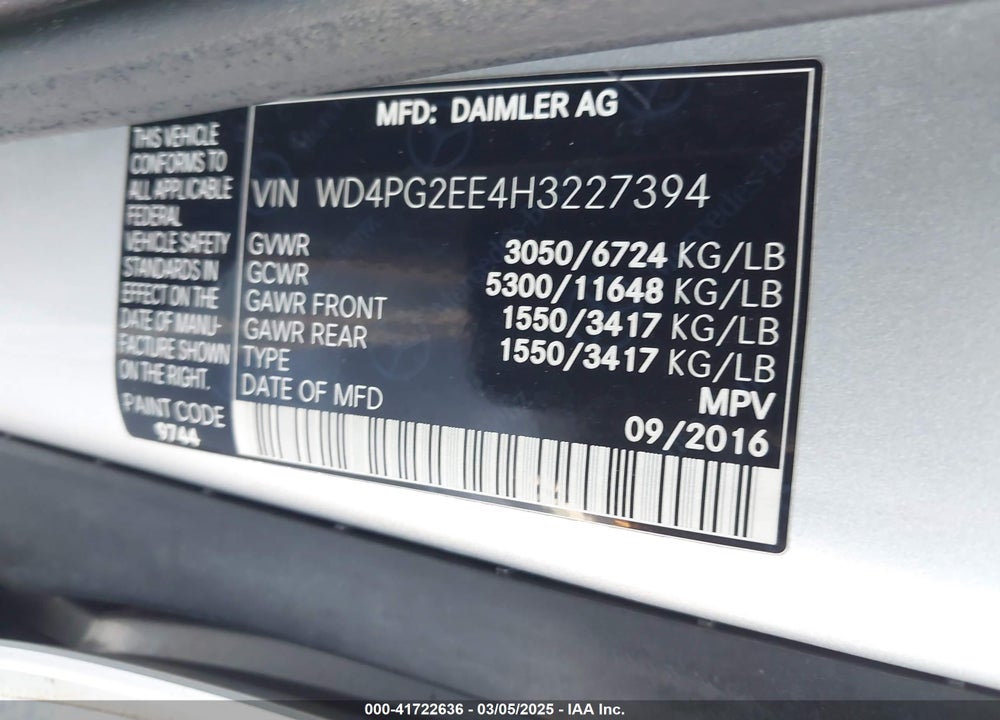2017 MERCEDES-BENZ METRIS VIN: WD4PG2EE4H3227394
