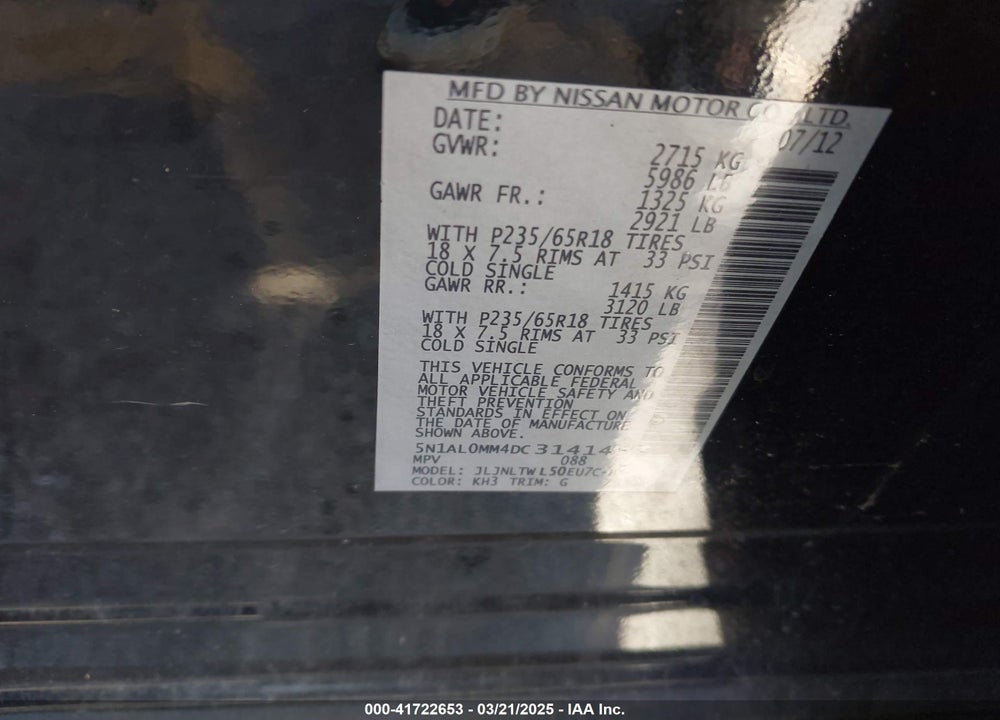 2013 INFINITI JX35 VIN: 5N1AL0MM4DC314145