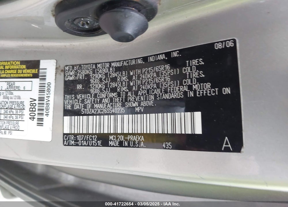 2006 TOYOTA SIENNA LE VIN: 5TDZA23C26S540235