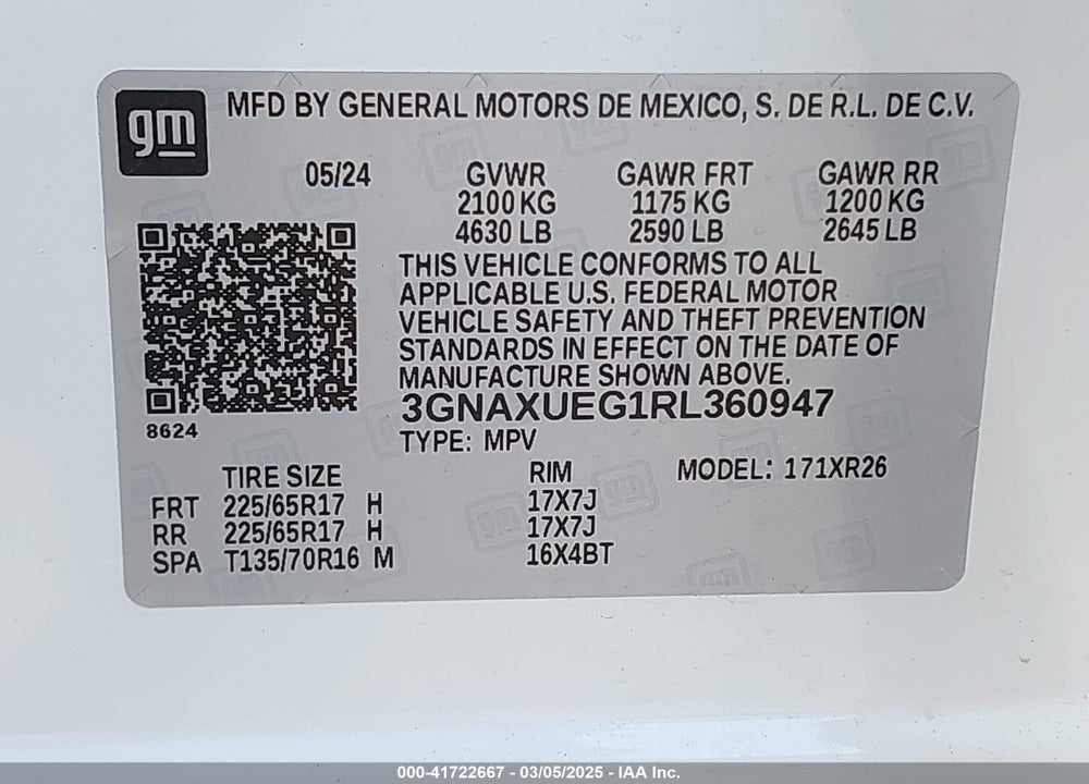 2024 CHEVROLET EQUINOX VIN: 3GNAXUEG1RL360947
