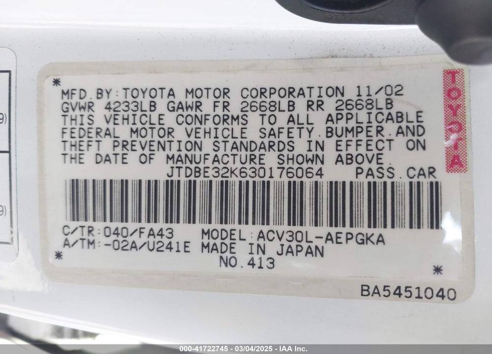 2003 TOYOTA CAMRY XLE VIN: JTDBE32K630176064