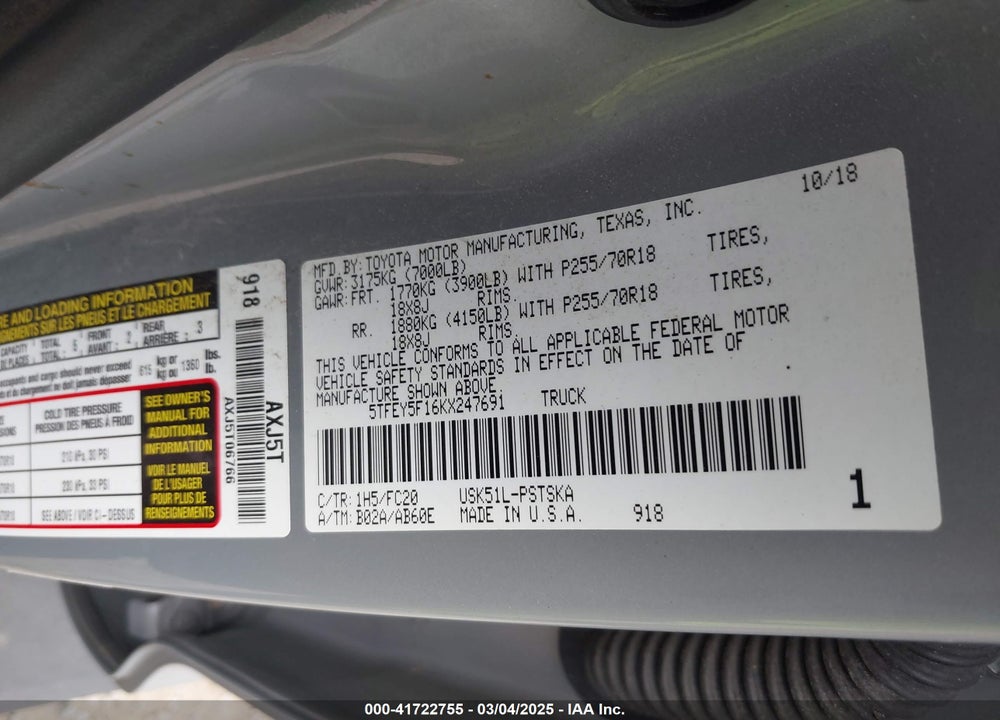 2019 TOYOTA TUNDRA SR5 5.7L V8 VIN: 5TFEY5F16KX247691