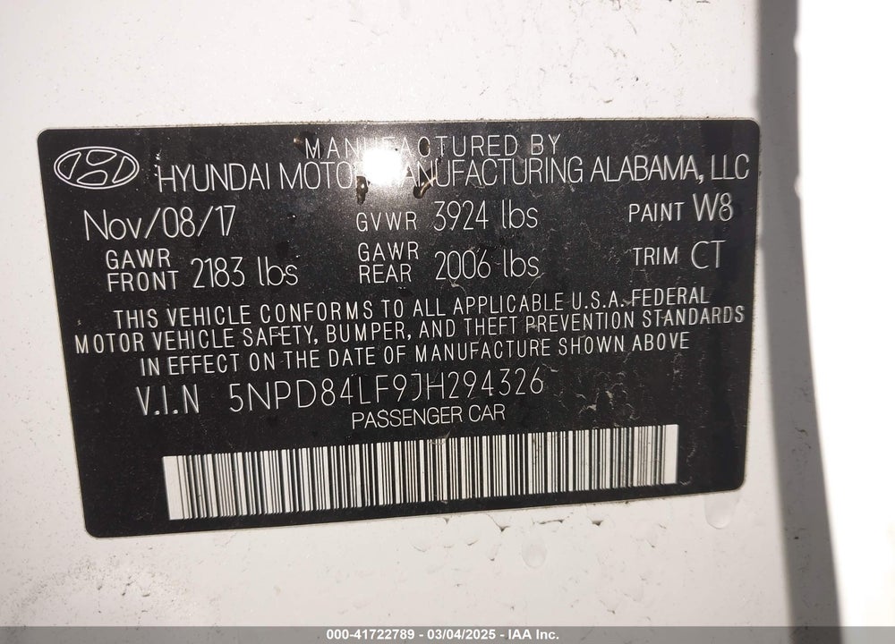 2018 HYUNDAI ELANTRA SEL VIN: 5NPD84LF9JH294326