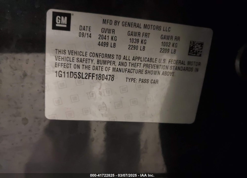 2015 CHEVROLET MALIBU VIN: 1G11D5SL2FF180478