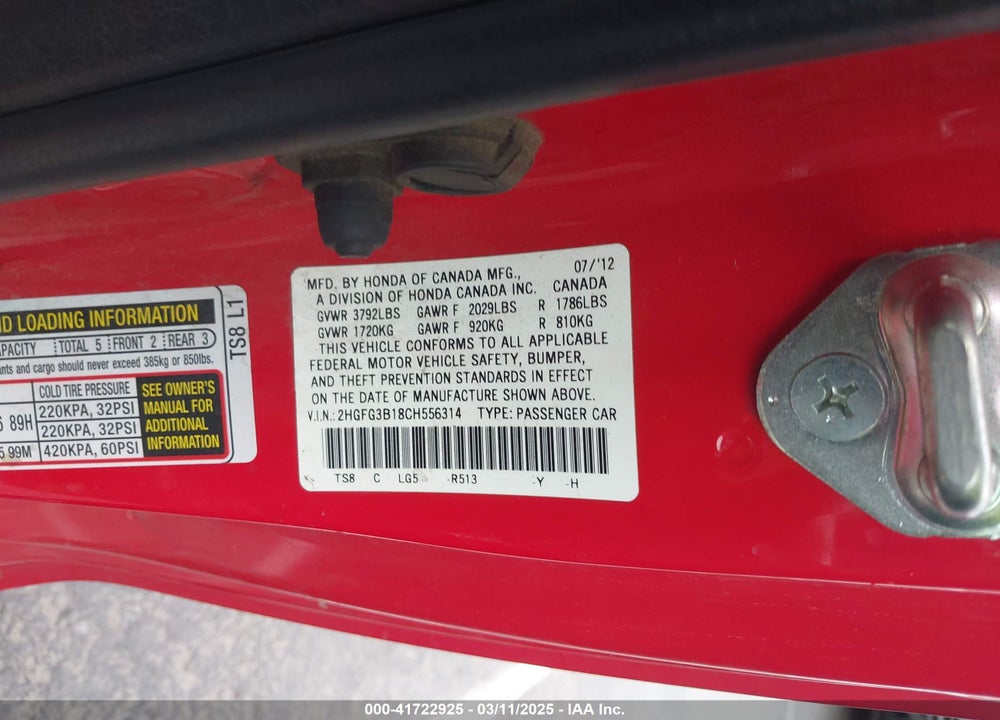 2012 HONDA CIVIC VIN: 2HGFG3B18CH556314