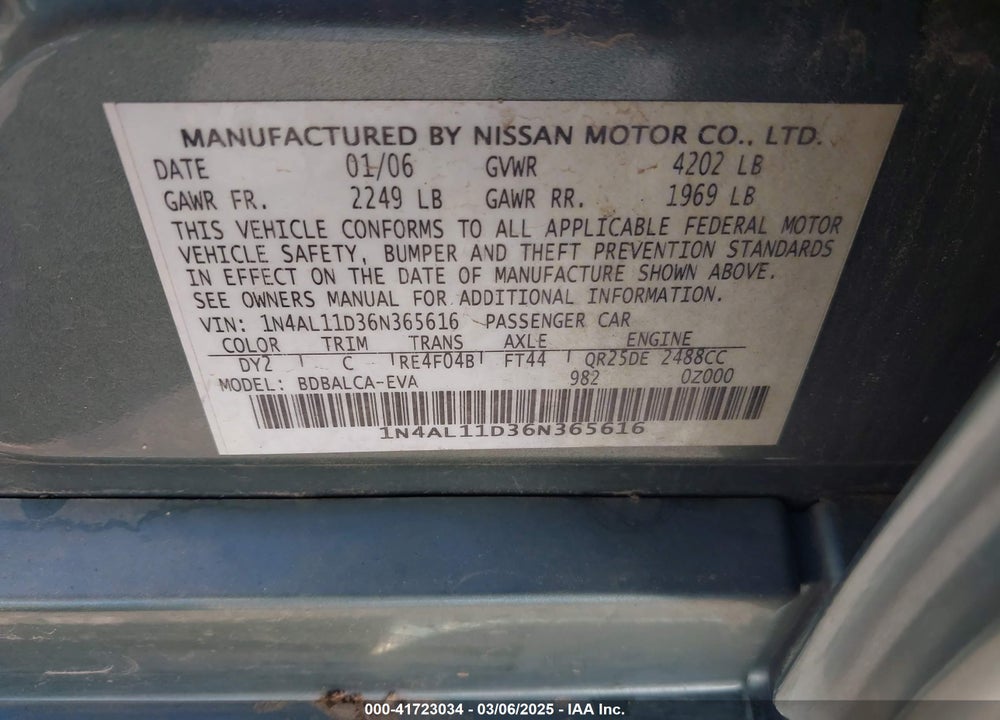 2006 NISSAN ALTIMA 2.5 S VIN: 1N4AL11D36N365616