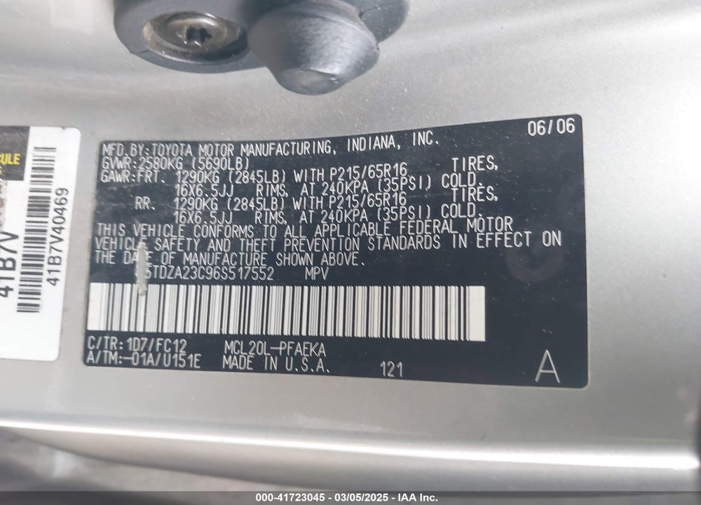 2006 TOYOTA SIENNA VIN: 5TDZA23C96S517552