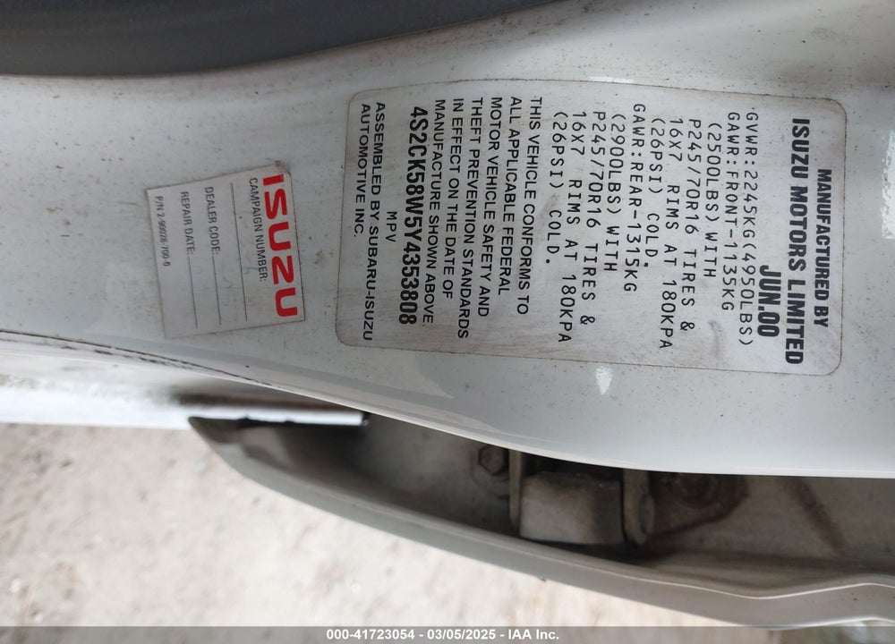 2000 ISUZU RODEO LS/LSE/S 3.2L VIN: 4S2CK58W5Y4353808