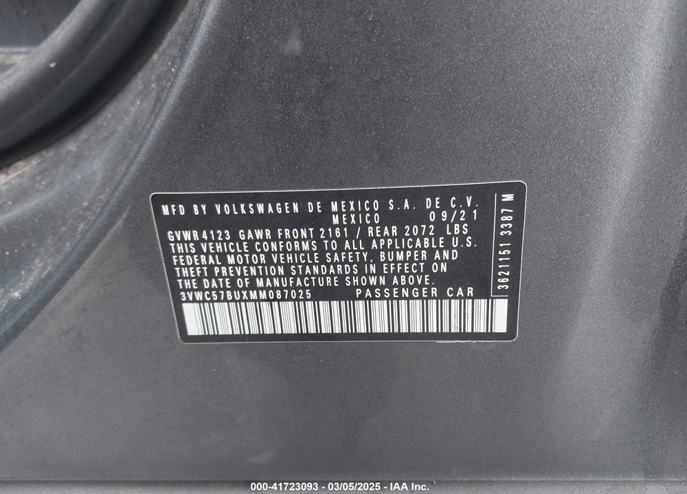 2021 VOLKSWAGEN JETTA 1.4T R-LINE/1.4T S/1.4T SE VIN: 3VWC57BUXMM087025