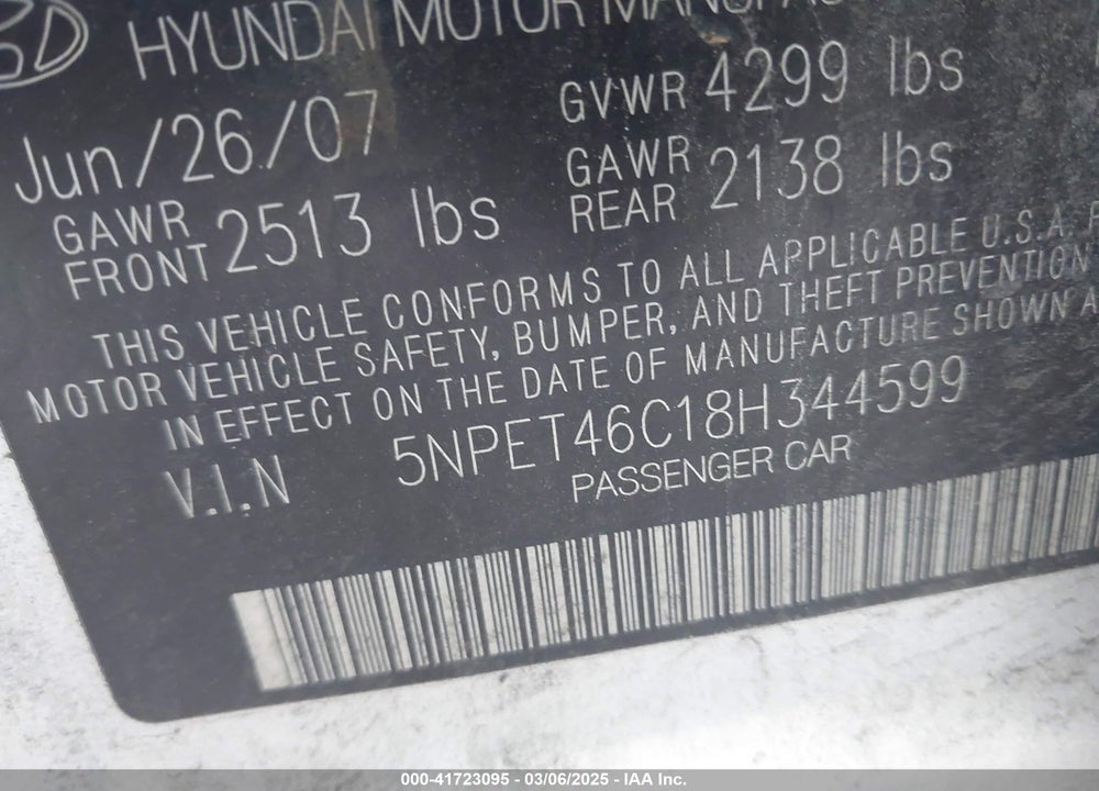 2008 HYUNDAI SONATA VIN: 5NPET46C18H344599