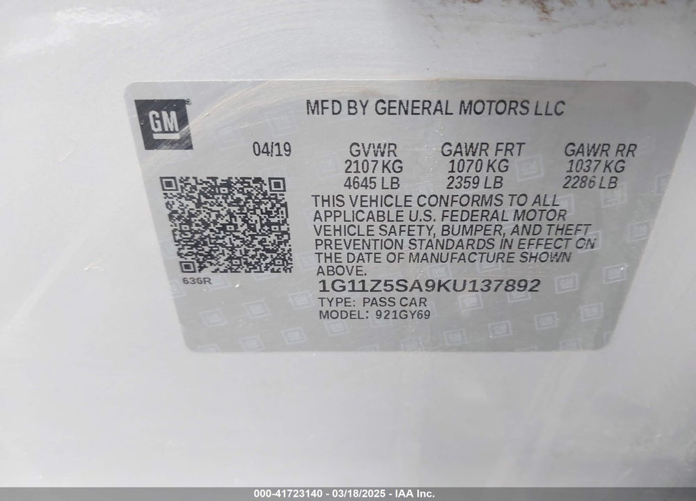 2019 CHEVROLET IMPALA VIN: 1G11Z5SA9KU137892