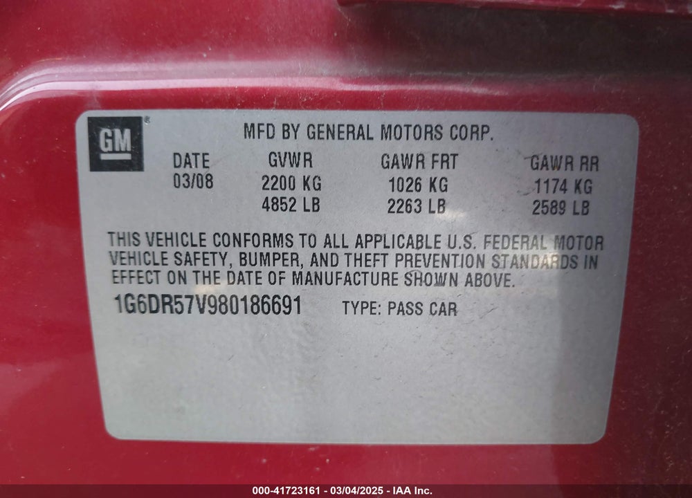 2008 CADILLAC CTS STANDARD VIN: 1G6DR57V980186691