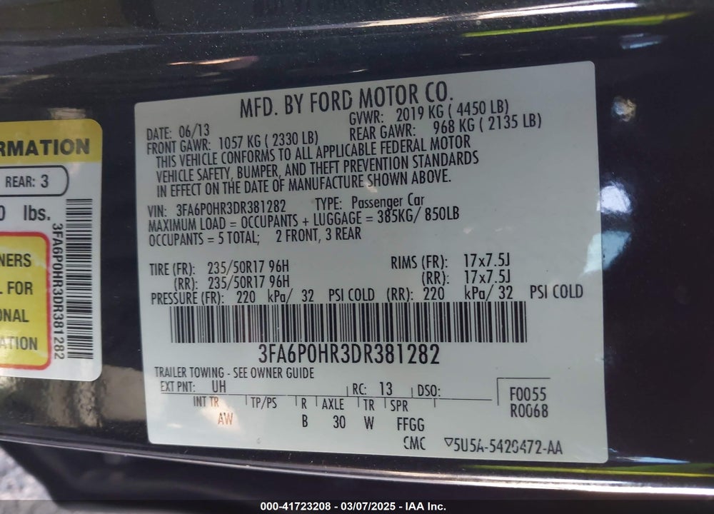 2013 FORD FUSION VIN: 3FA6P0HR3DR381282
