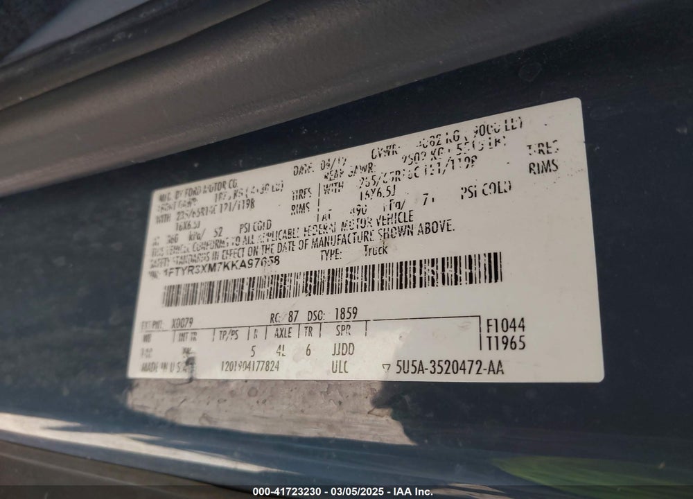 2019 FORD TRANSIT-250 VIN: 1FTYR3XM7KKA97658