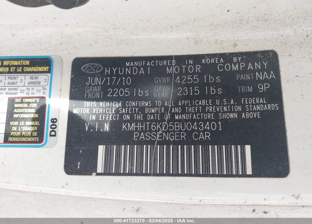 2011 HYUNDAI GENESIS VIN: KMHHT6KD5BU043401