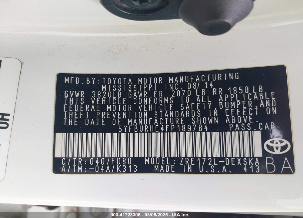 2015 TOYOTA COROLLA VIN: 5YFBURHE4FP189784