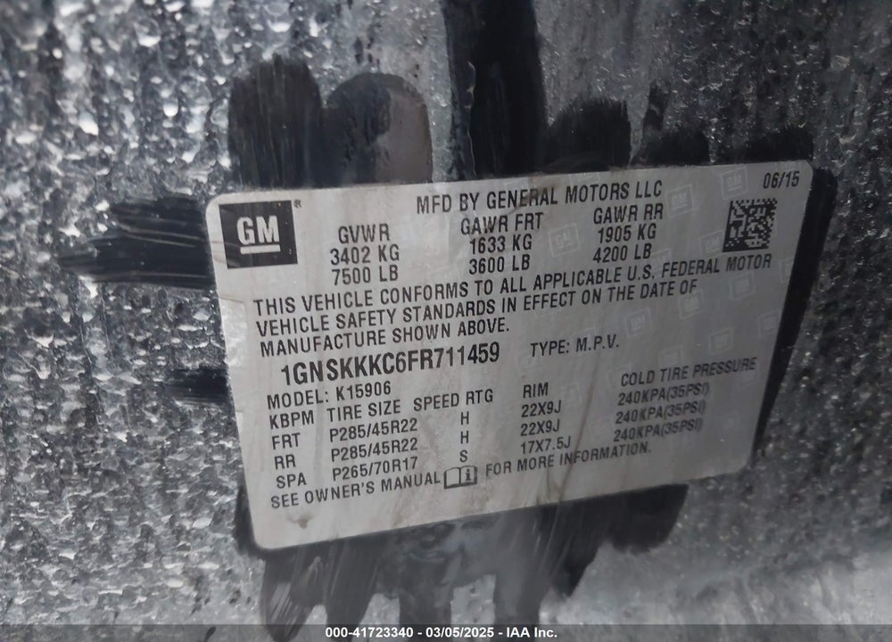 2015 CHEVROLET SUBURBAN 1500 LTZ VIN: 1GNSKKKC6FR711459