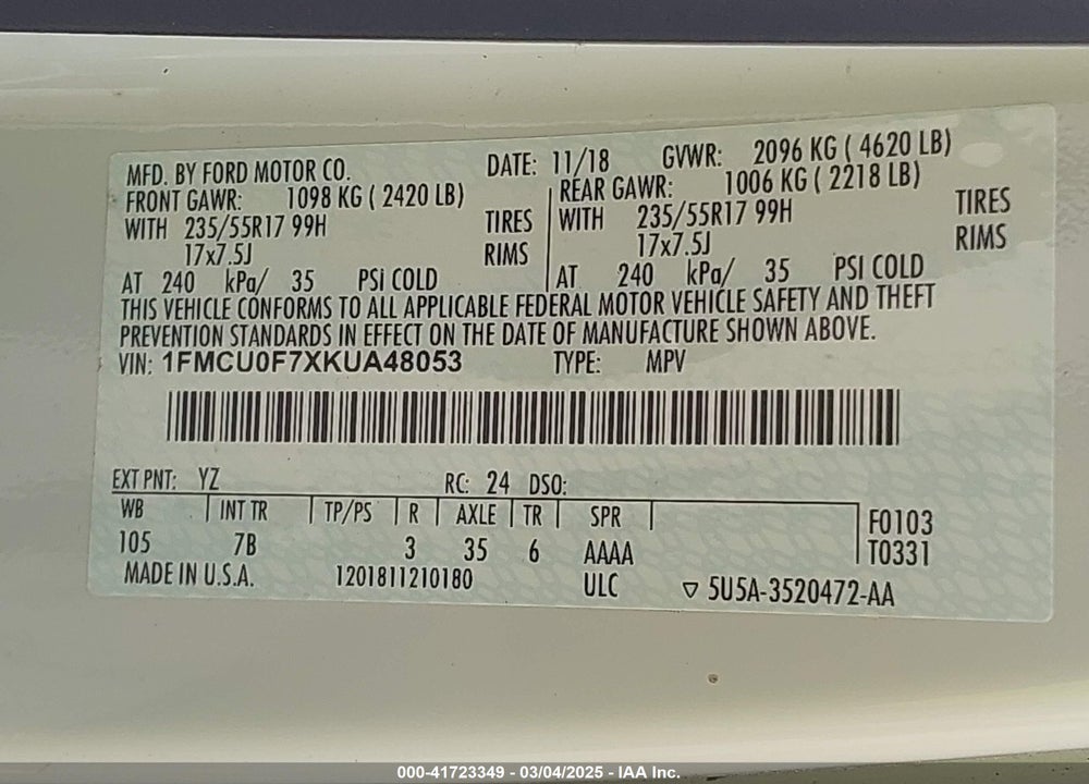 2019 FORD ESCAPE S VIN: 1FMCU0F7XKUA48053
