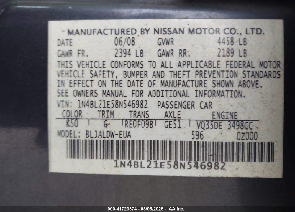 2008 NISSAN ALTIMA VIN: 1N4BL21E58N546982