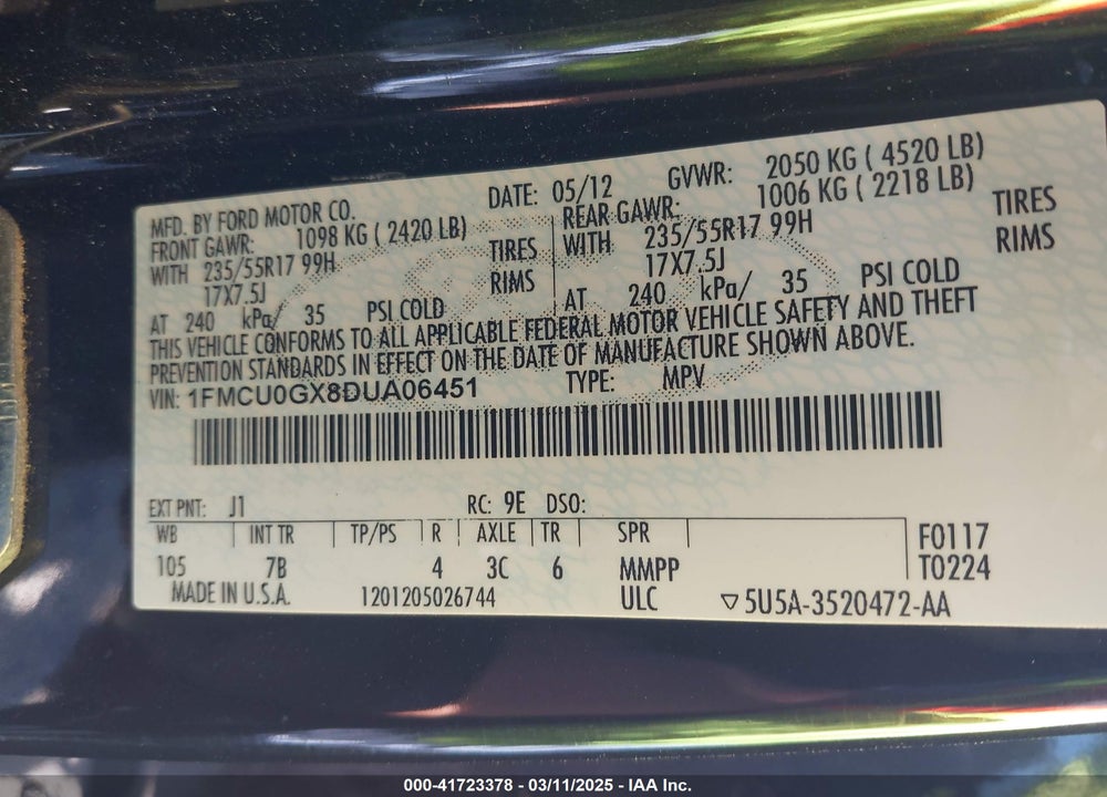 2013 FORD ESCAPE VIN: 1FMCU0GX8DUA06451
