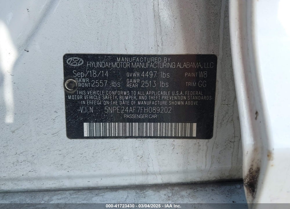2015 HYUNDAI SONATA SE VIN: 5NPE24AF7FH089202