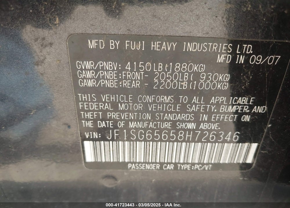 2008 SUBARU FORESTER 2.5X VIN: JF1SG65658H726346