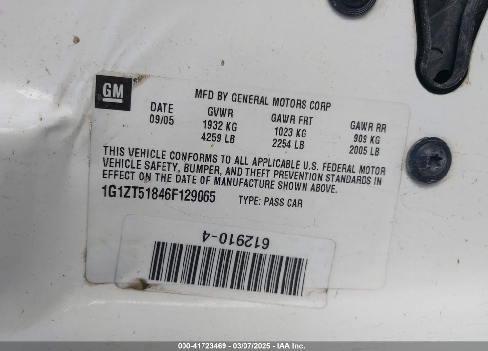 2006 CHEVROLET MALIBU VIN: 1G1ZT51846F129065