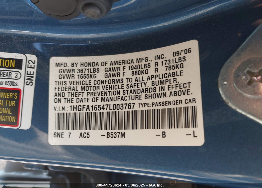 2007 HONDA CIVIC VIN: 1HGFA16547L003767