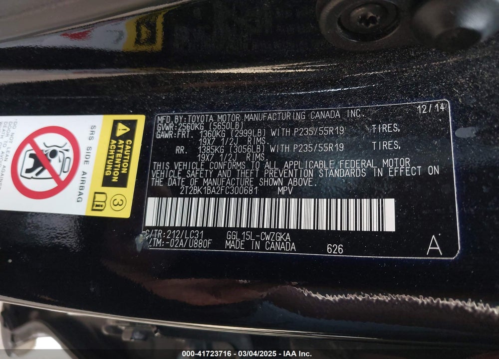 2015 LEXUS RX 350 F-SPORT VIN: 2T2BK1BA2FC300681