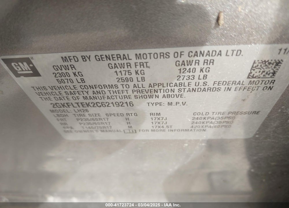 2012 GMC TERRAIN SLE-2 VIN: 2GKFLTEK2C6219216