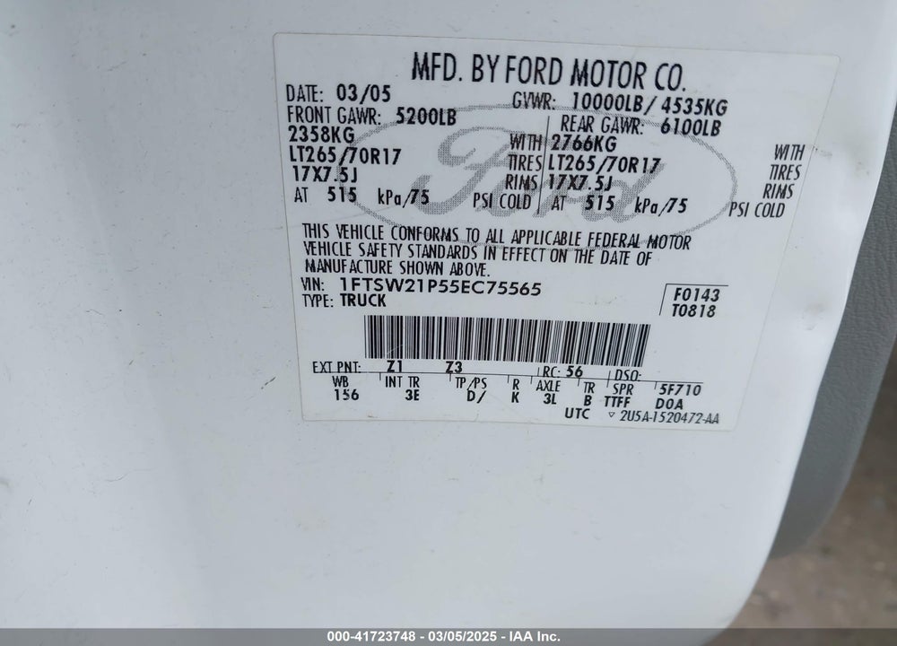 2005 FORD F-250 LARIAT/XL/XLT VIN: 1FTSW21P55EC75565
