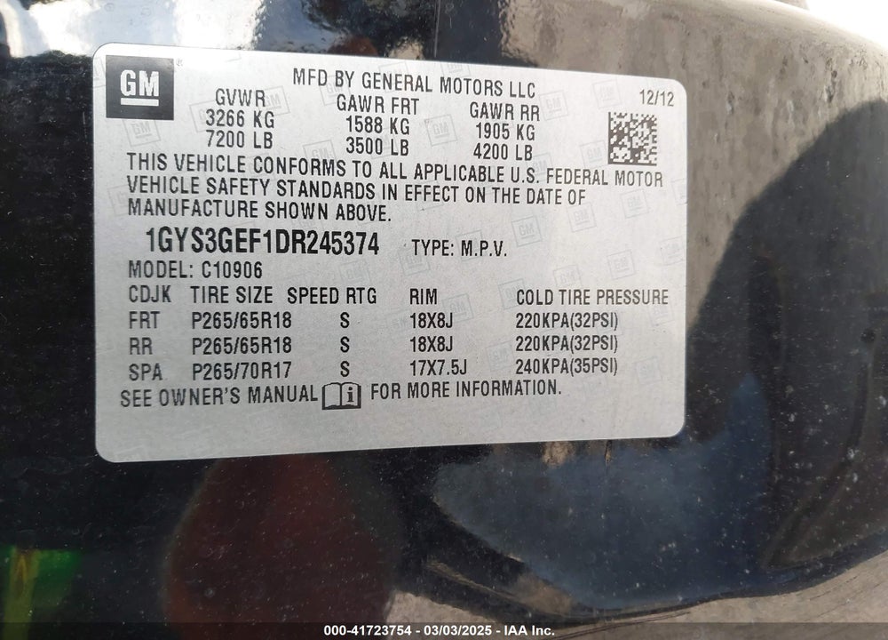 2013 CADILLAC ESCALADE ESV STANDARD VIN: 1GYS3GEF1DR245374
