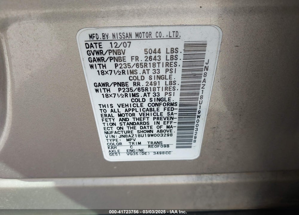 2009 NISSAN MURANO S VIN: JN8AZ18U19W003298