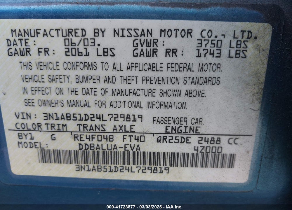 2004 NISSAN SENTRA VIN: 3N1AB51D24L729819