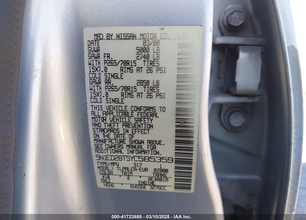 2000 NISSAN XTERRA VIN: 5N1ED28T5YC585359